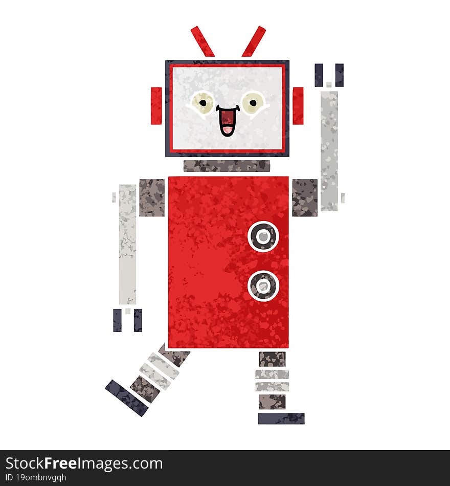 retro illustration style cartoon happy robot