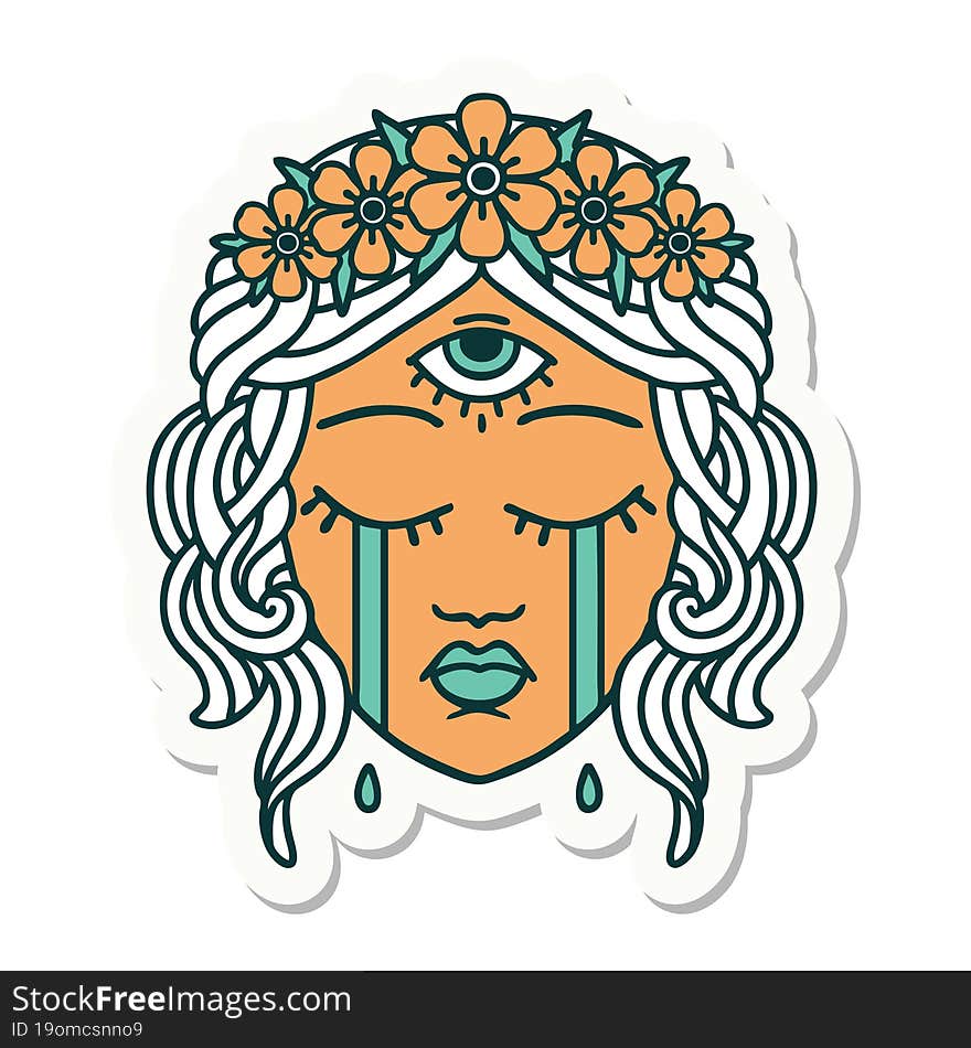 Tattoo Style Sticker Of Female Face With Third Eye Crying