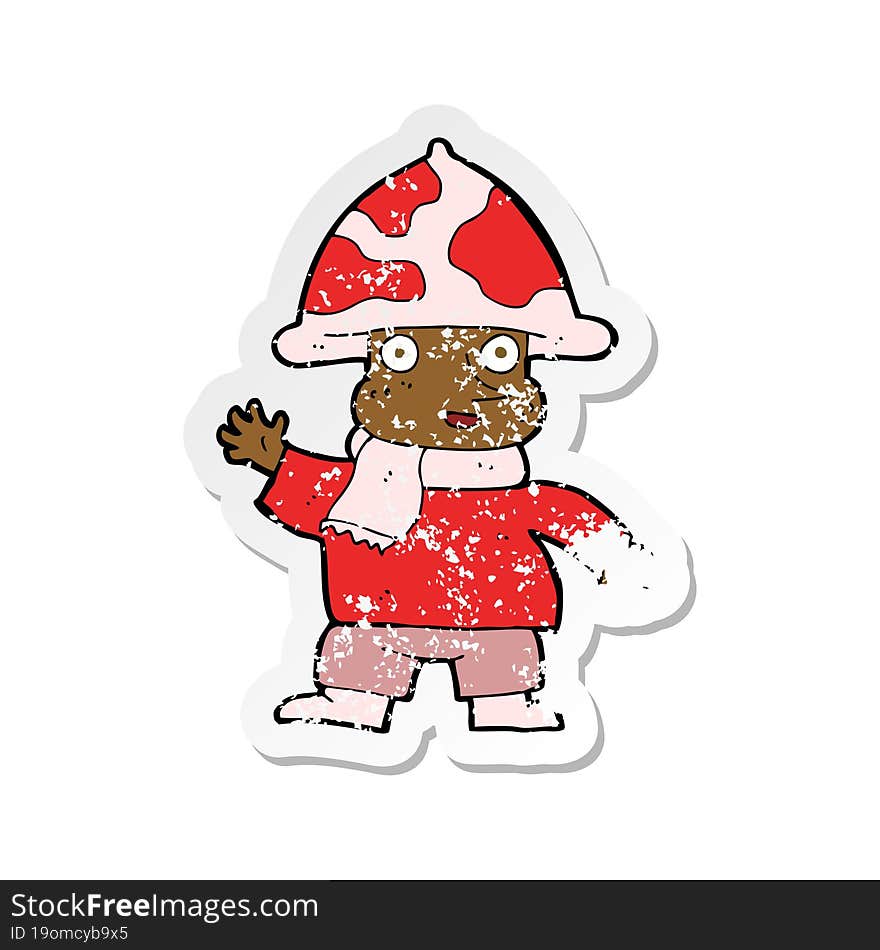 retro distressed sticker of a cartoon mushroom man