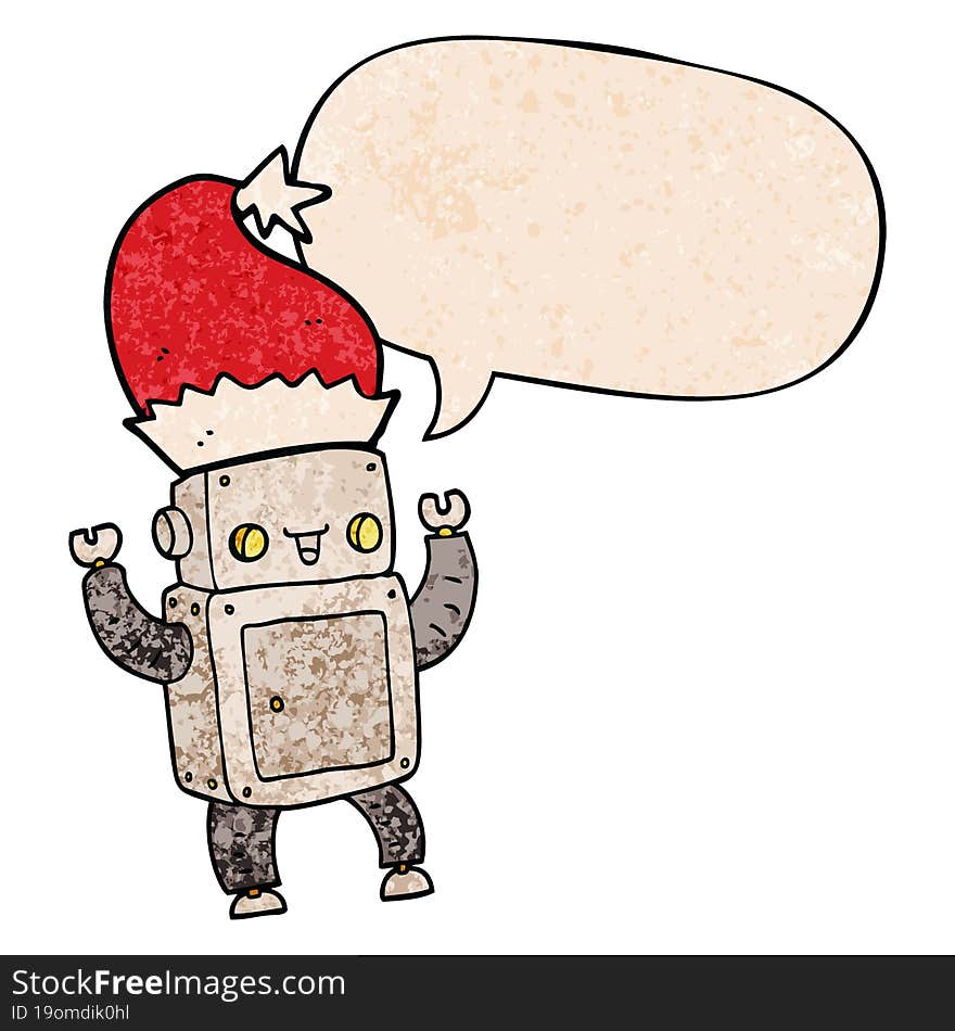 Cartoon Christmas Robot And Speech Bubble In Retro Texture Style