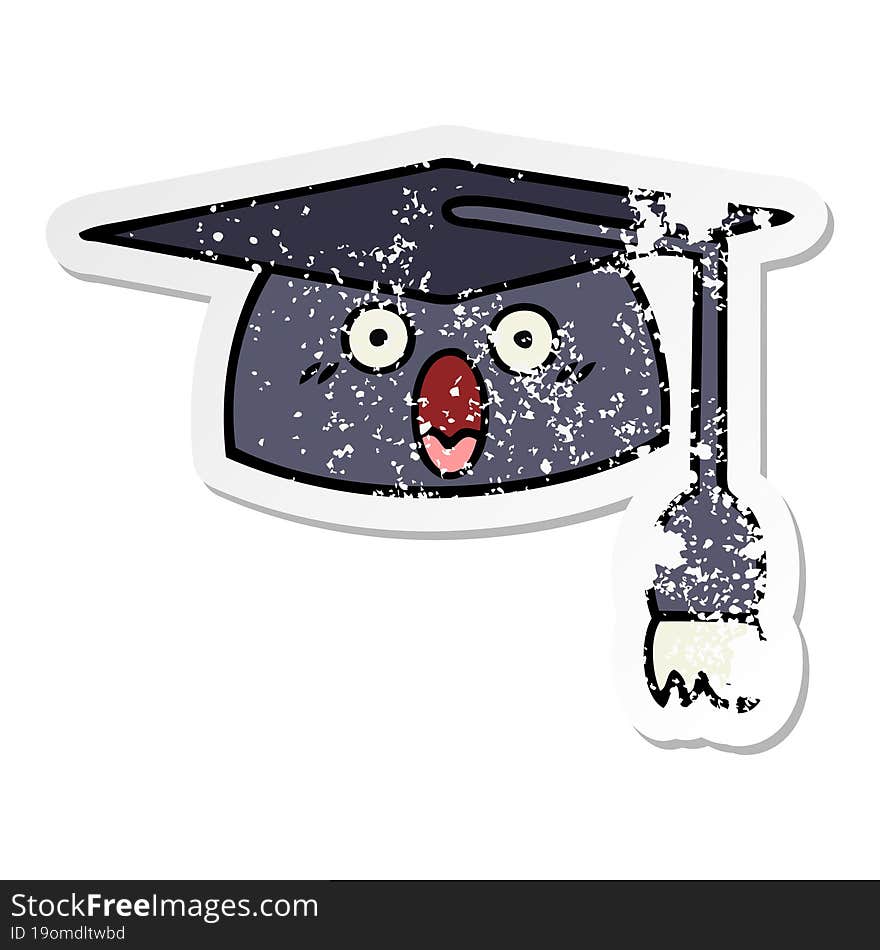 distressed sticker of a cute cartoon graduation hat