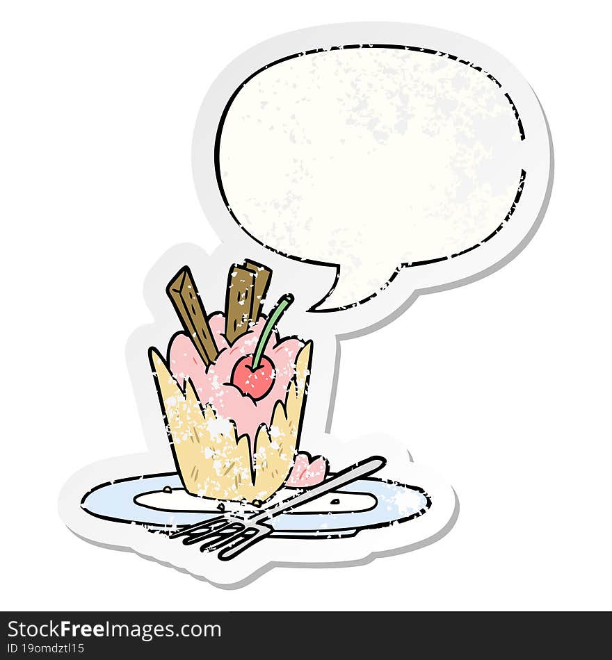 cartoon tasty dessert and speech bubble distressed sticker