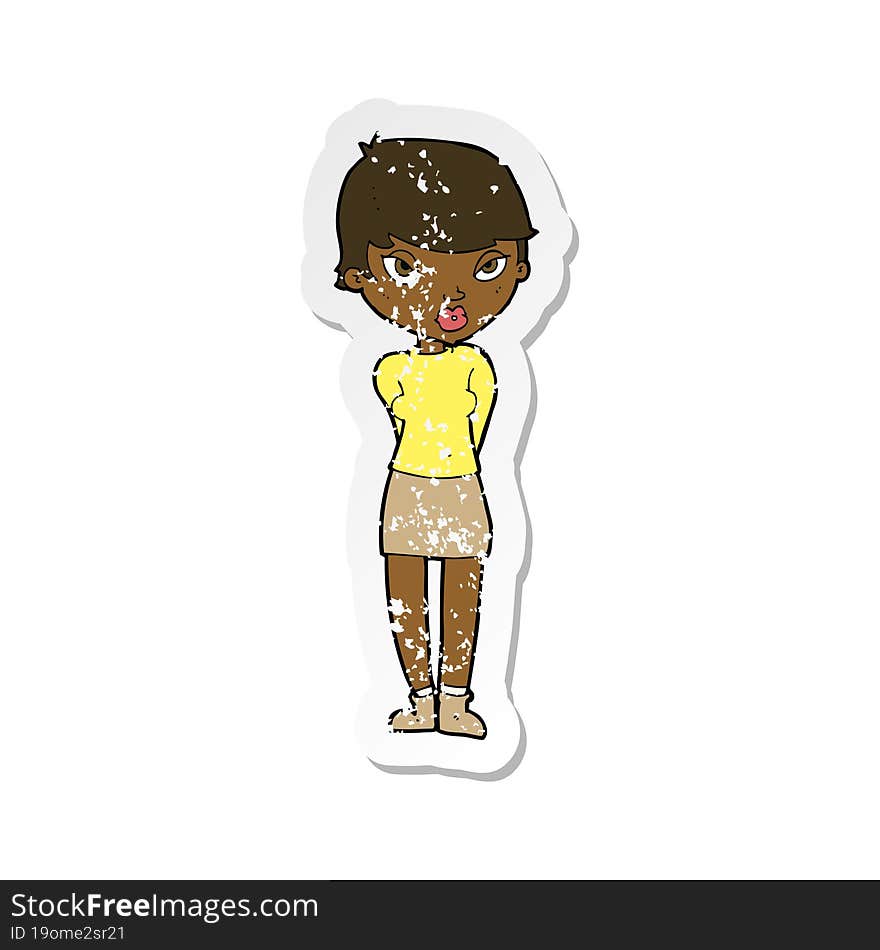 retro distressed sticker of a cartoon shy woman