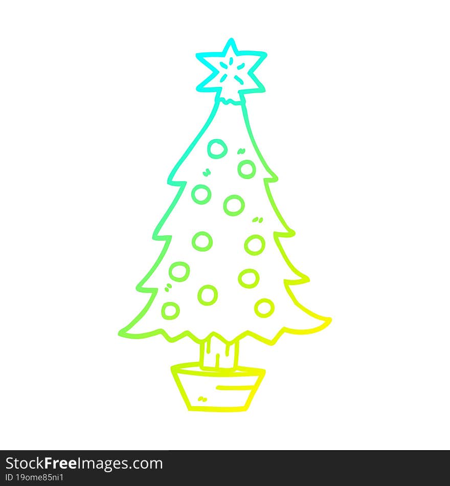 cold gradient line drawing of a cartoon christmas tree