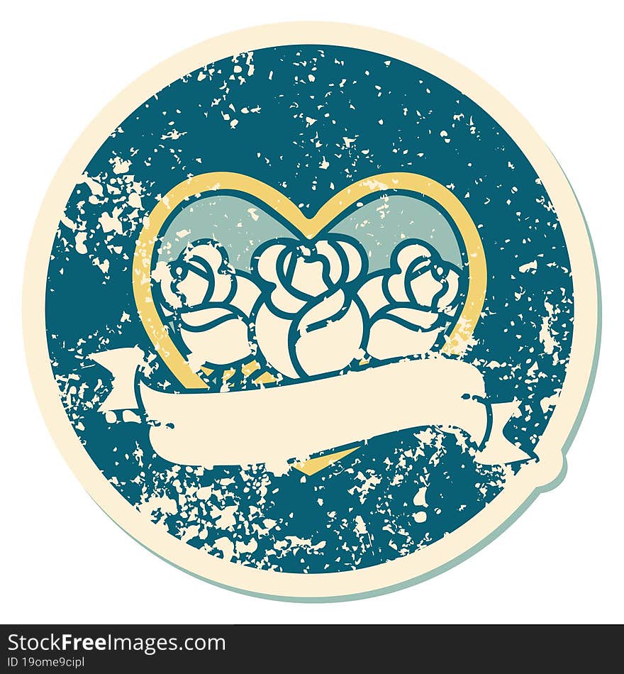 Distressed Sticker Tattoo Style Icon Of A Heart And Banner With Flowers