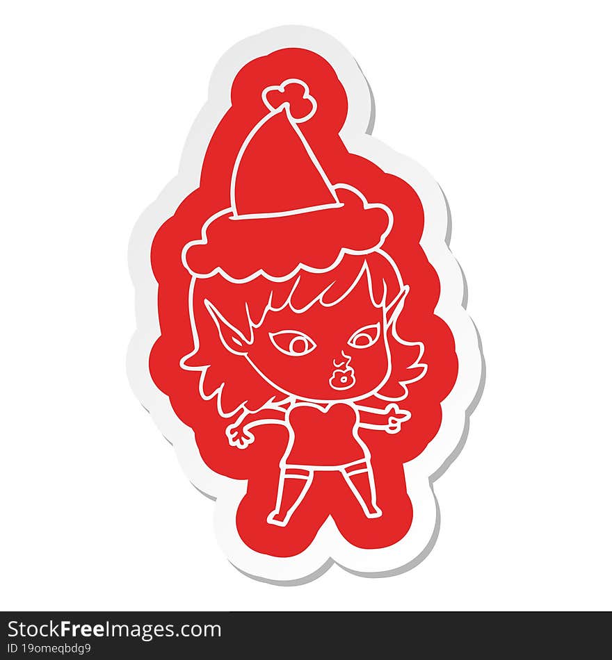 pretty cartoon  sticker of a elf girl wearing santa hat