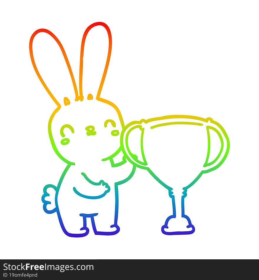 Rainbow Gradient Line Drawing Cute Cartoon Rabbit With Sports Trophy Cup