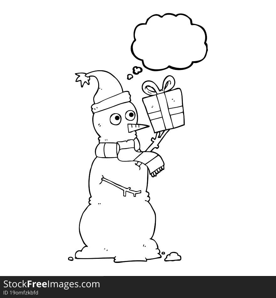 freehand drawn thought bubble cartoon snowman holding present