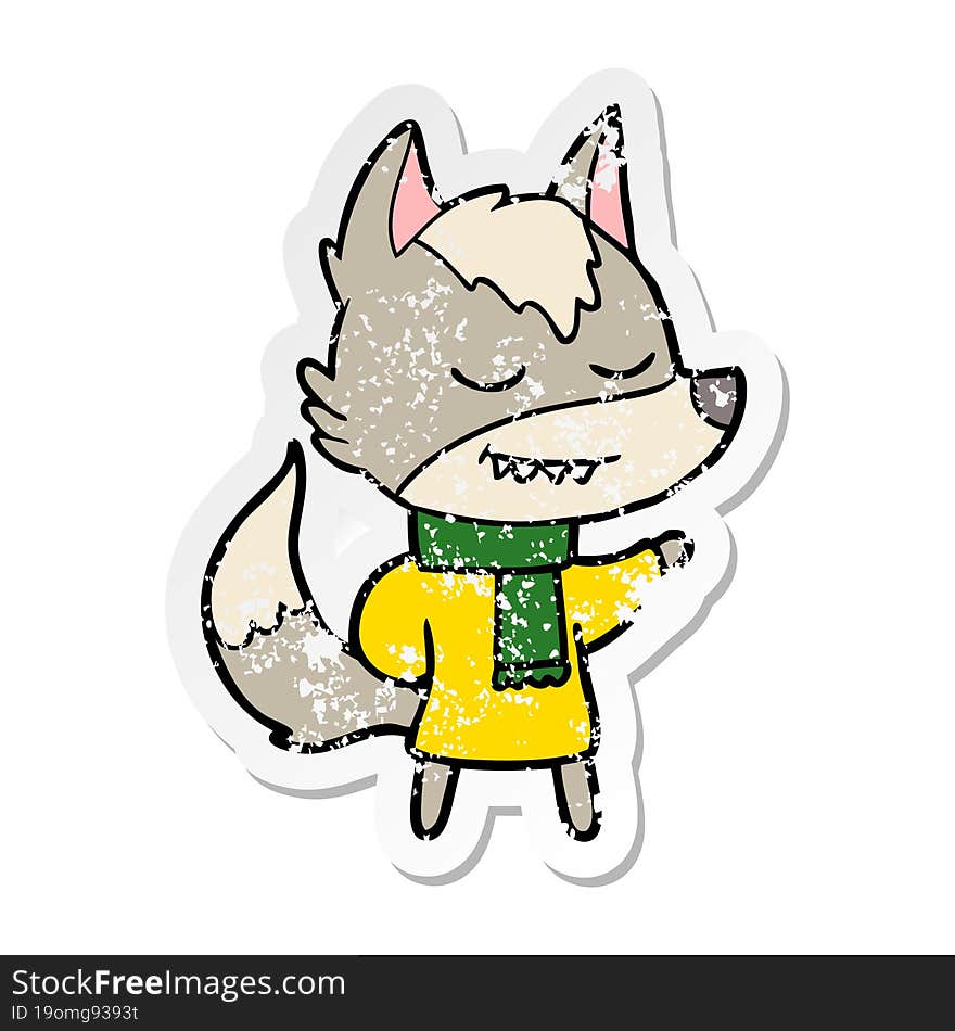 distressed sticker of a friendly cartoon wolf wearing scarf