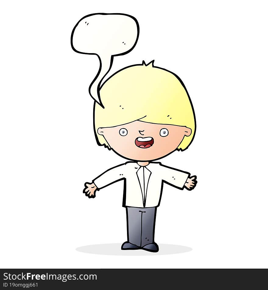 cartoon happy boy with open arms with speech bubble