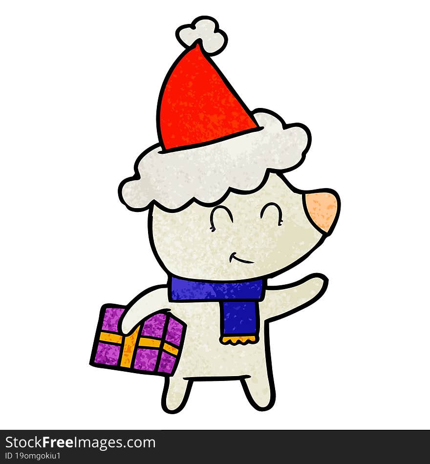 female polar bear with christmas present wearing santa hat