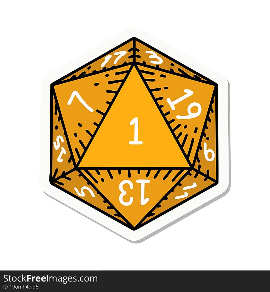 sticker of a natural 1 D20 dice roll. sticker of a natural 1 D20 dice roll