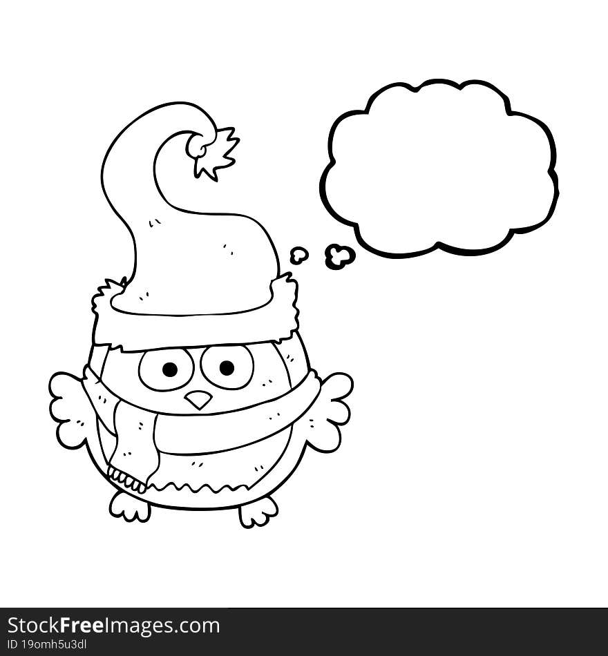 freehand drawn thought bubble cartoon owl wearing christmas hat