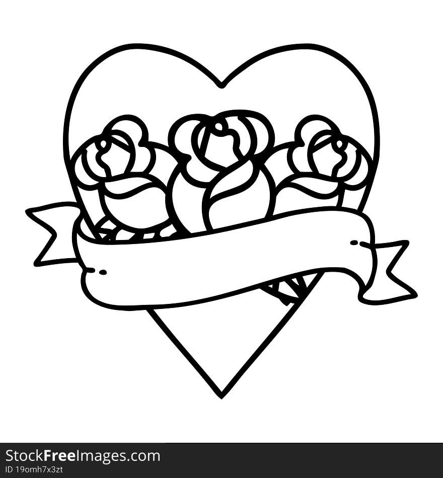 tattoo in black line style of a heart and banner with flowers. tattoo in black line style of a heart and banner with flowers