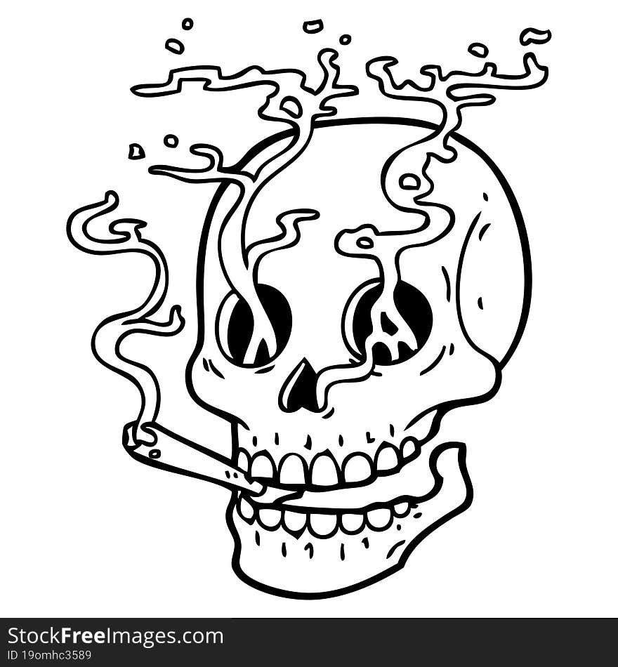 black line tattoo of a skull smoking