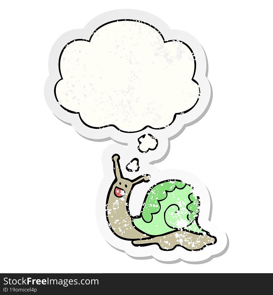 cute cartoon snail and thought bubble as a distressed worn sticker