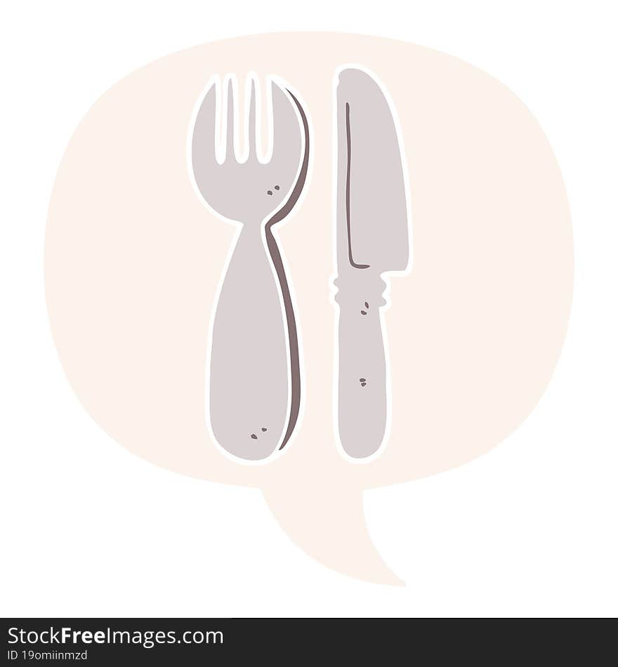 cartoon knife and fork with speech bubble in retro style