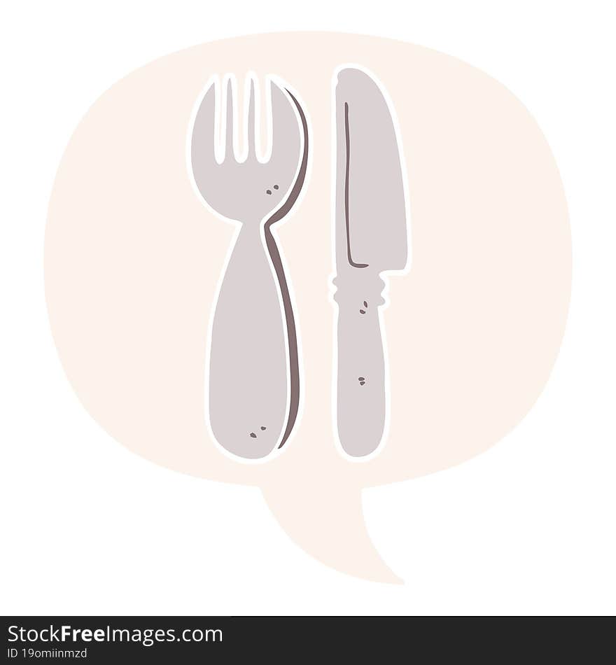 cartoon knife and fork and speech bubble in retro style