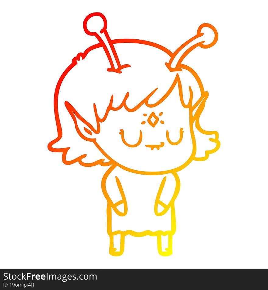 warm gradient line drawing of a cartoon alien girl