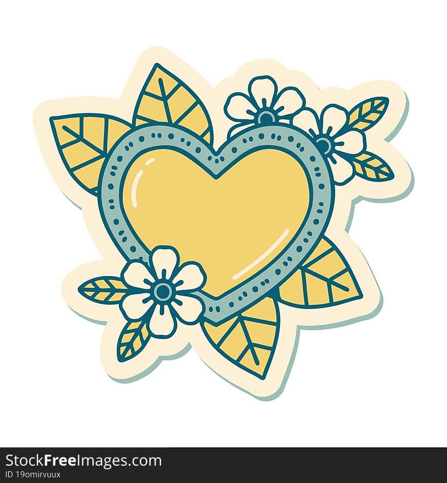 sticker of tattoo in traditional style of a botanical heart. sticker of tattoo in traditional style of a botanical heart