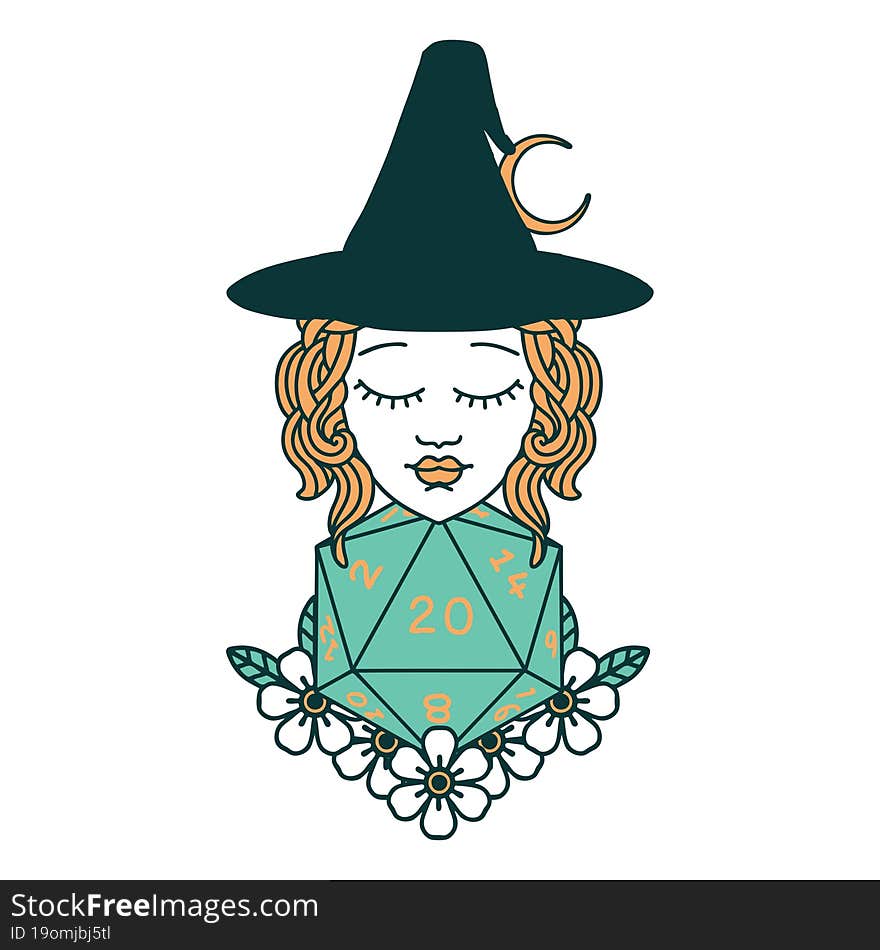 human witch with natural twenty dice roll illustration