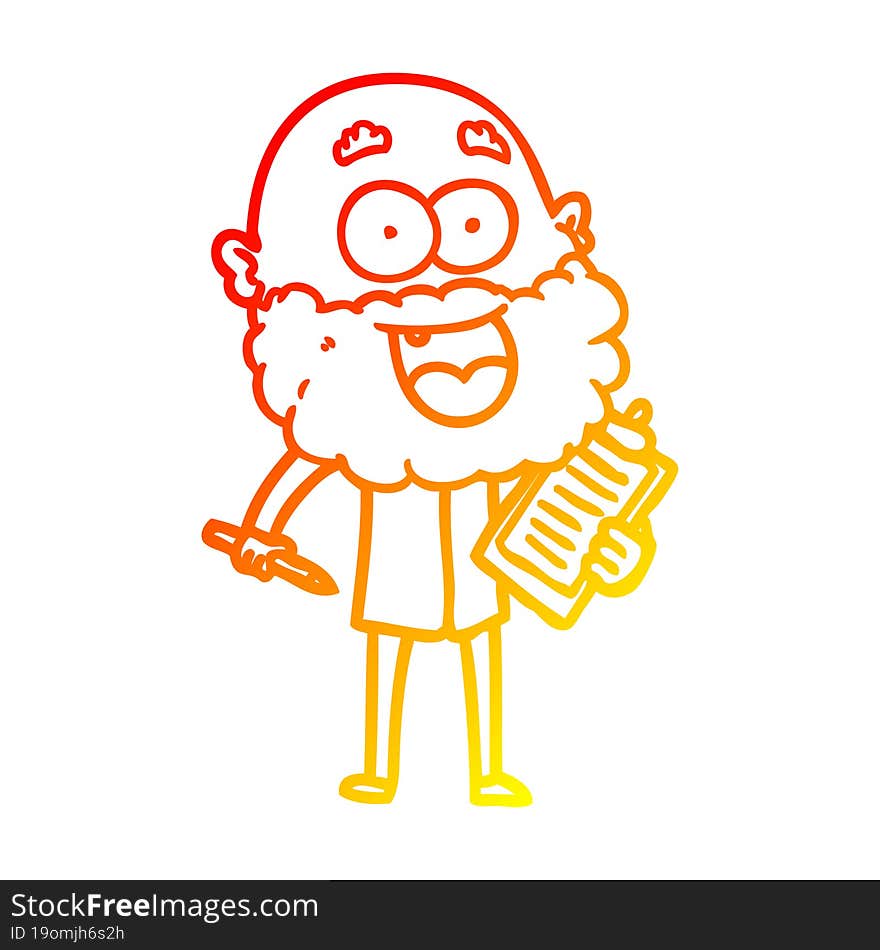 warm gradient line drawing of a cartoon crazy happy man with beard and clip board for notes