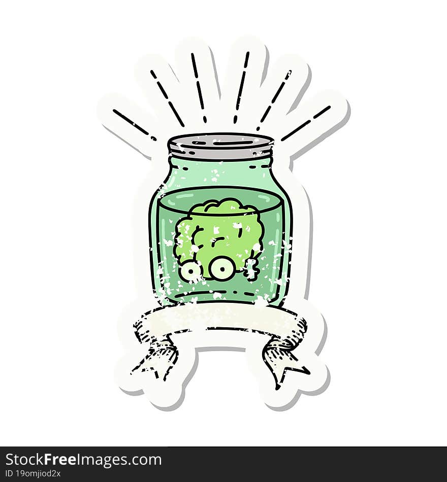 worn old sticker of a tattoo style brain in jar. worn old sticker of a tattoo style brain in jar