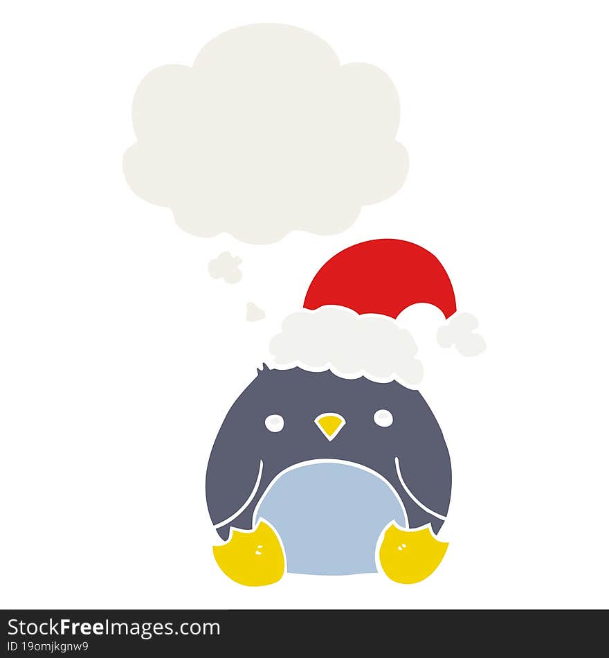 cute cartoon penguin wearing christmas hat and thought bubble in retro style