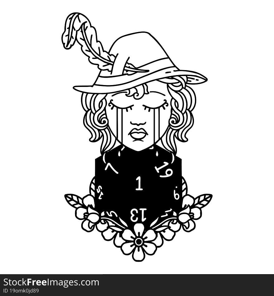 Black and White Tattoo linework Style crying human bard with natural one D20 dice roll. Black and White Tattoo linework Style crying human bard with natural one D20 dice roll