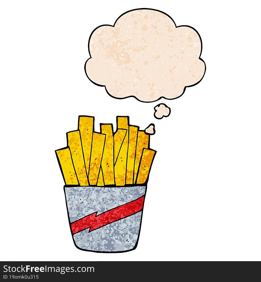 cartoon box of fries and thought bubble in grunge texture pattern style