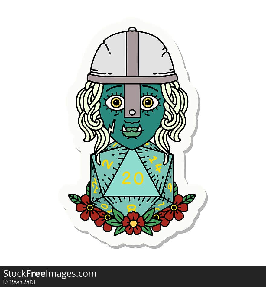 half orc fighter character with natural twenty dice roll sticker