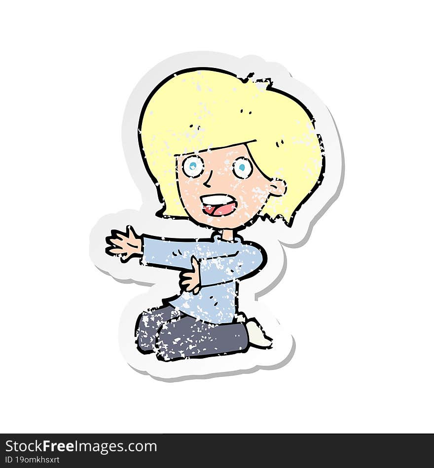 retro distressed sticker of a cartoon shocked woman on knees