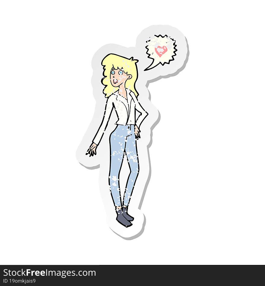 retro distressed sticker of a cartoon woman in love