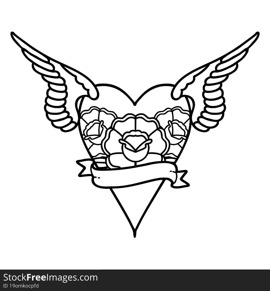 tattoo in black line style of a flying heart with flowers and banner. tattoo in black line style of a flying heart with flowers and banner