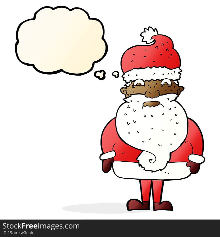 cartoon grumpy santa claus with thought bubble