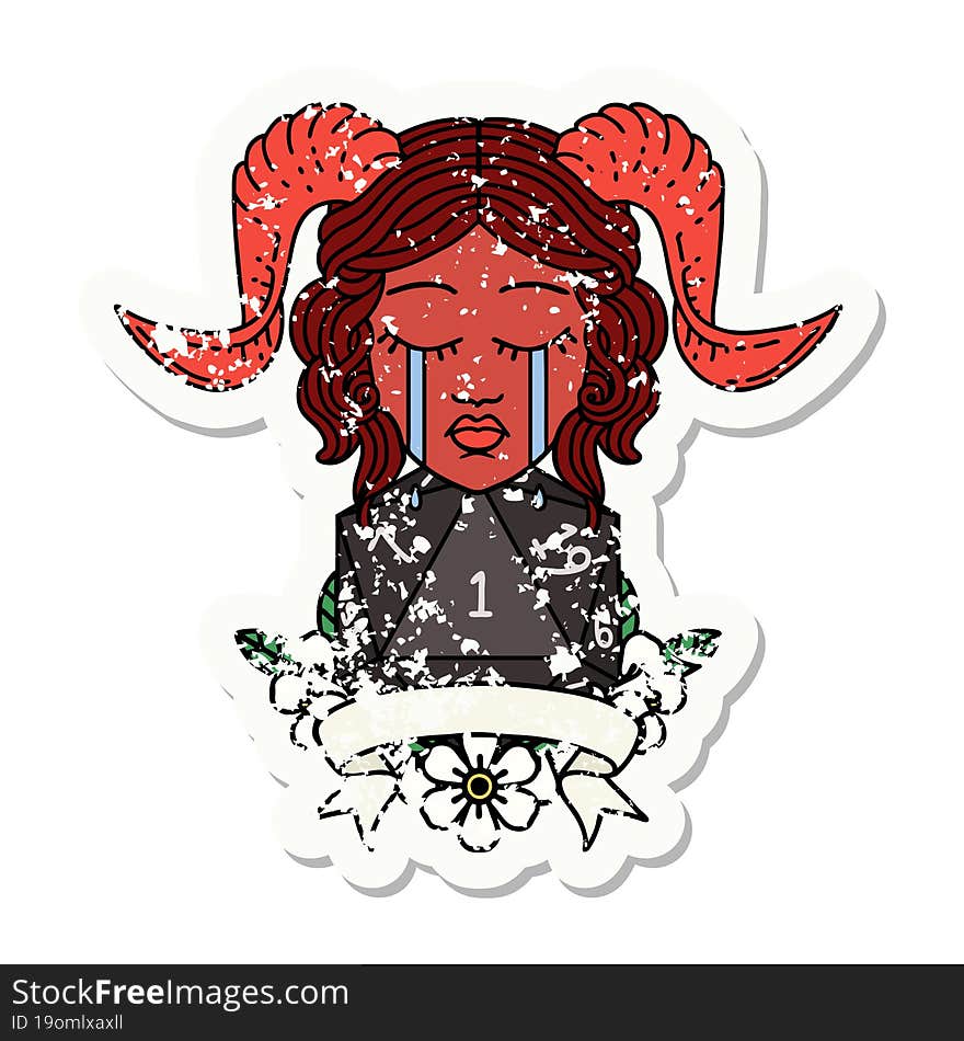 crying tiefling face with natural one d20 illustration