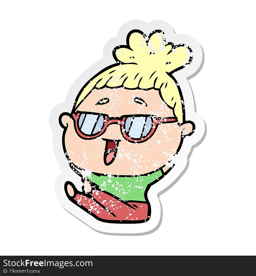 distressed sticker of a cartoon happy woman wearing spectacles