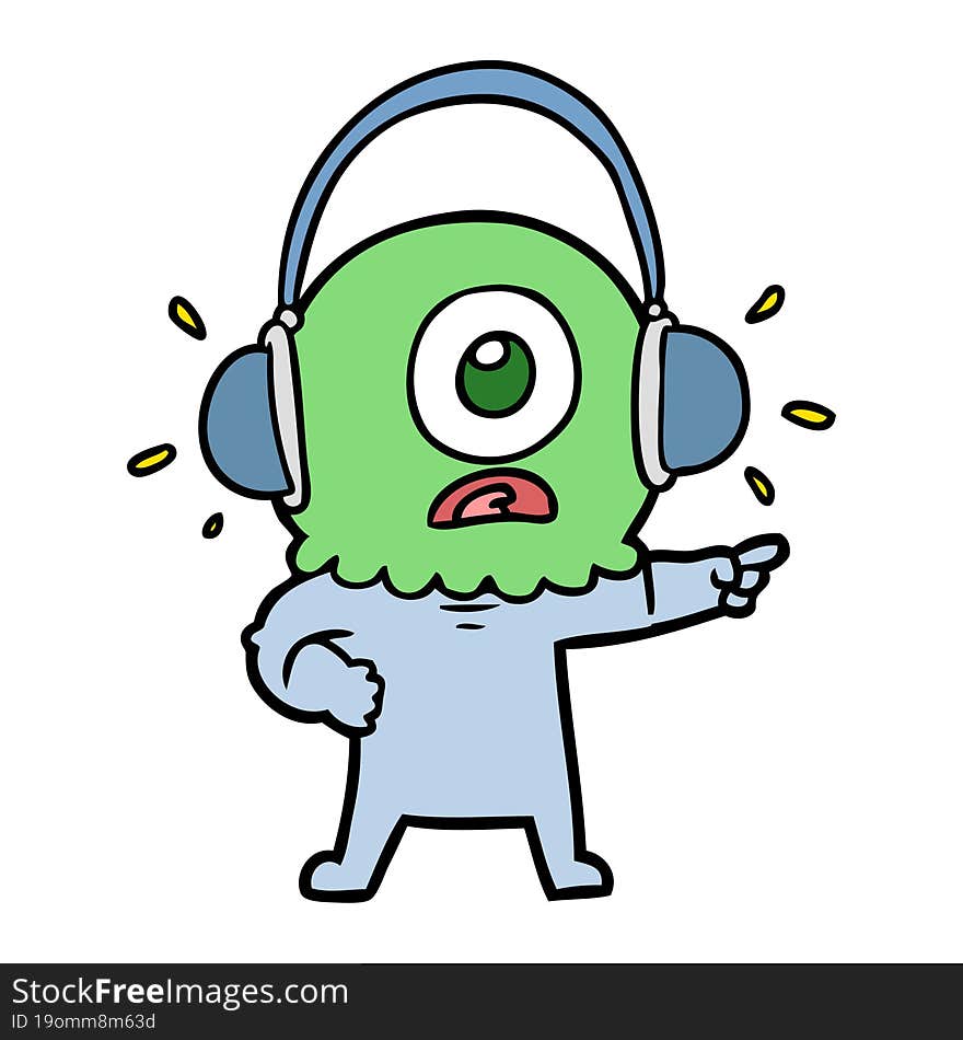 cartoon cyclops alien spaceman pointing wearing headphones. cartoon cyclops alien spaceman pointing wearing headphones