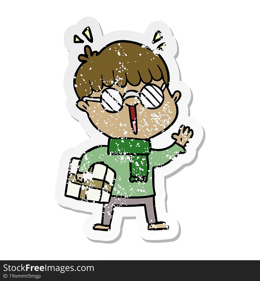 Distressed Sticker Of A Cartoon Boy With Parcel Waving