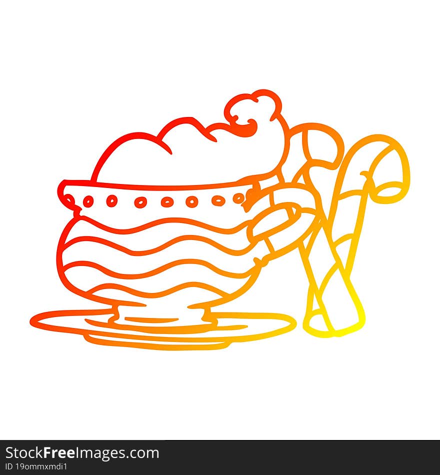 warm gradient line drawing of a christmas cocoa with candy canes