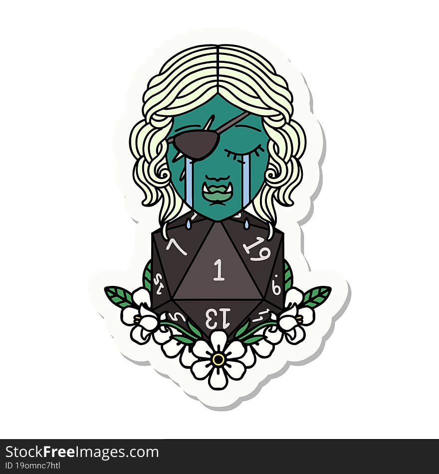 sticker of a crying half orc rogue character with natural one D20 roll. sticker of a crying half orc rogue character with natural one D20 roll