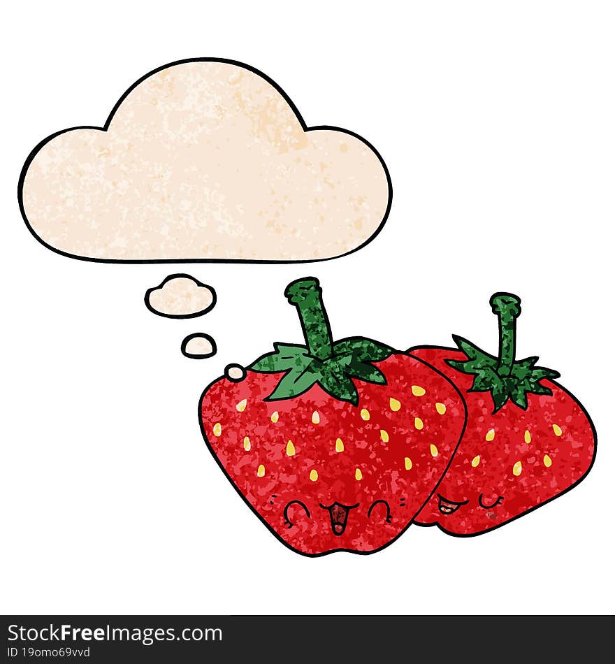 cartoon strawberries and thought bubble in grunge texture pattern style