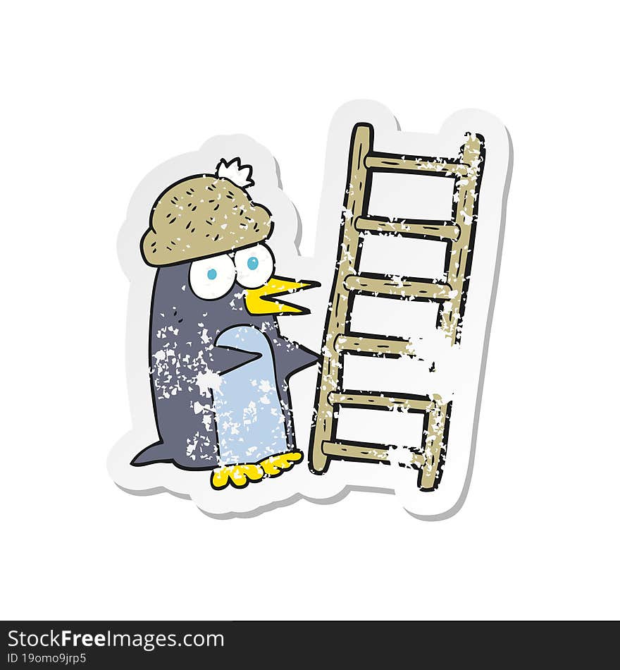 retro distressed sticker of a cartoon penguin with ladder