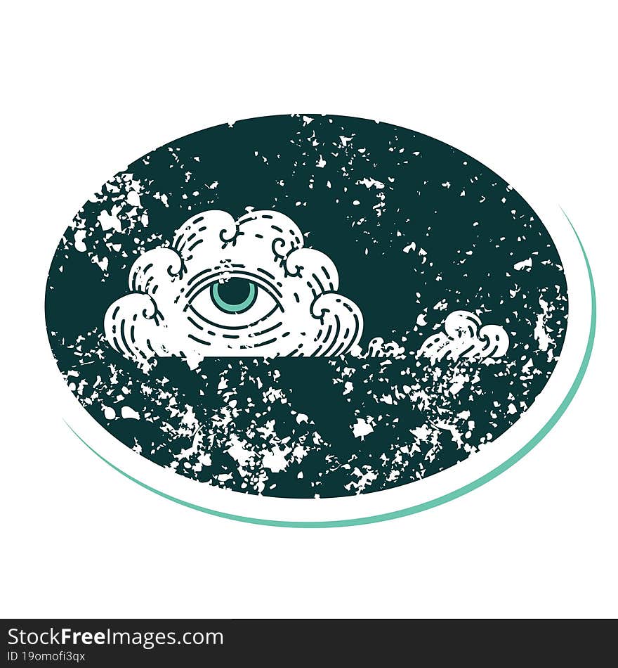 distressed sticker tattoo style icon of an all seeing eye cloud