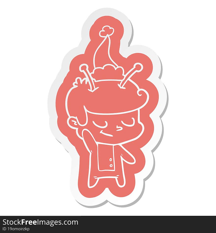 Friendly Cartoon  Sticker Of A Spaceman Wearing Santa Hat