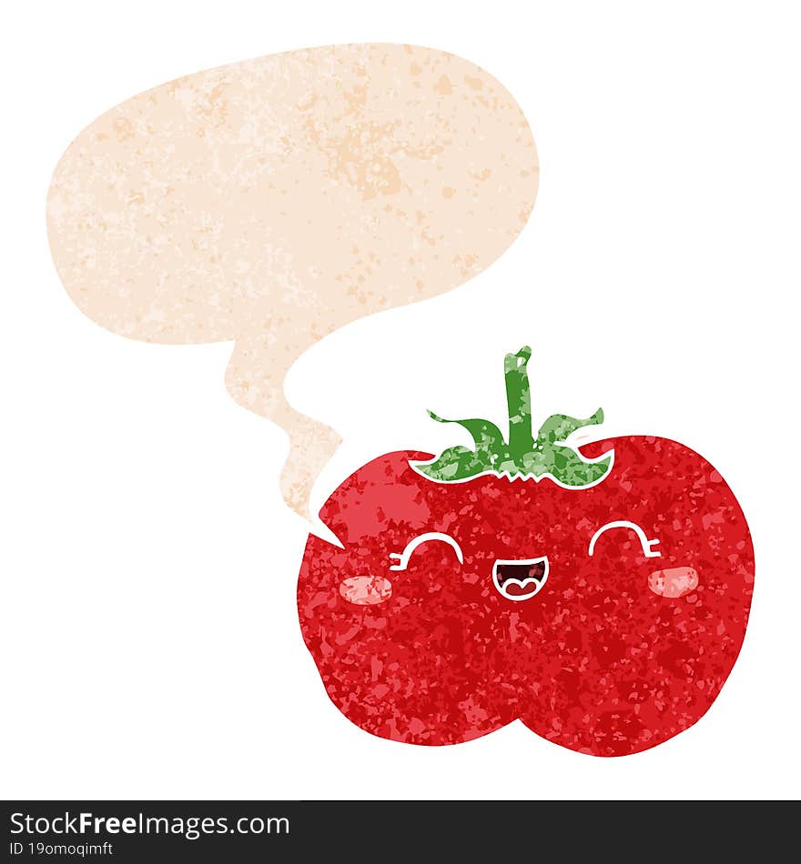 cartoon tomato and speech bubble in retro textured style