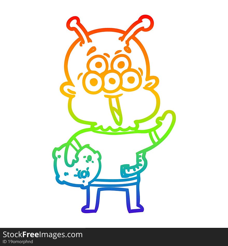 rainbow gradient line drawing happy cartoon alien with moon rock