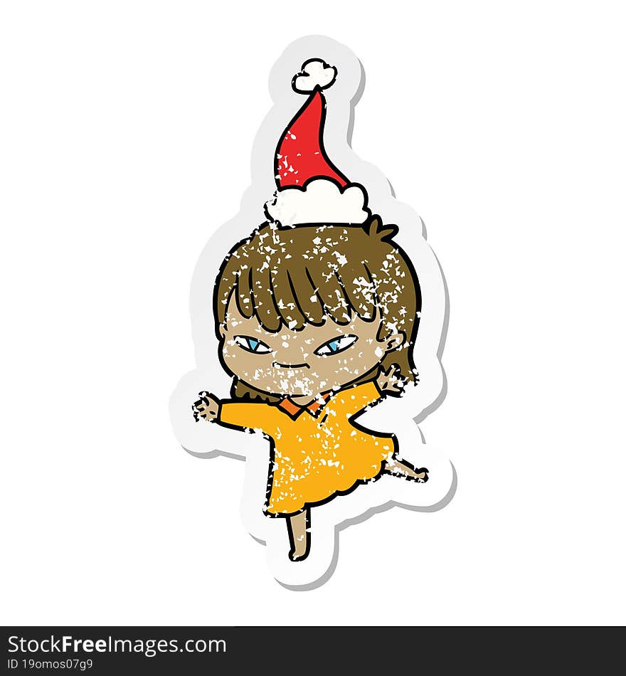 hand drawn distressed sticker cartoon of a woman wearing santa hat