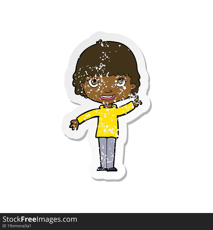 retro distressed sticker of a cartoon woman with idea