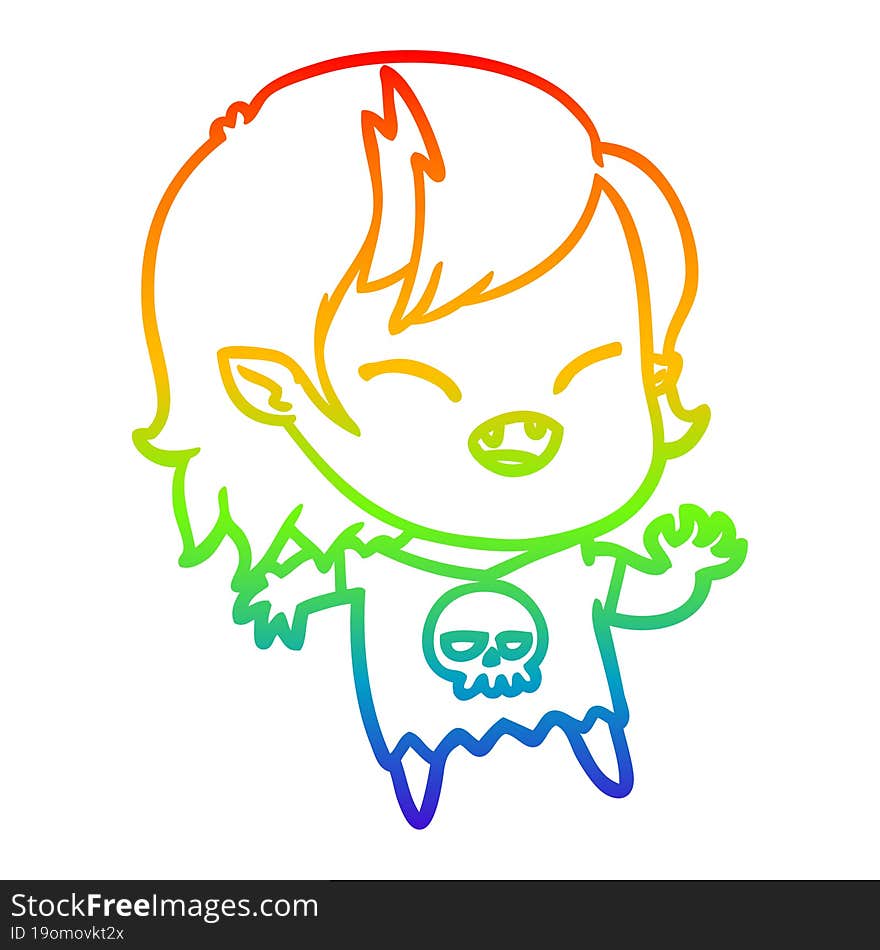 rainbow gradient line drawing of a cartoon laughing vampire girl